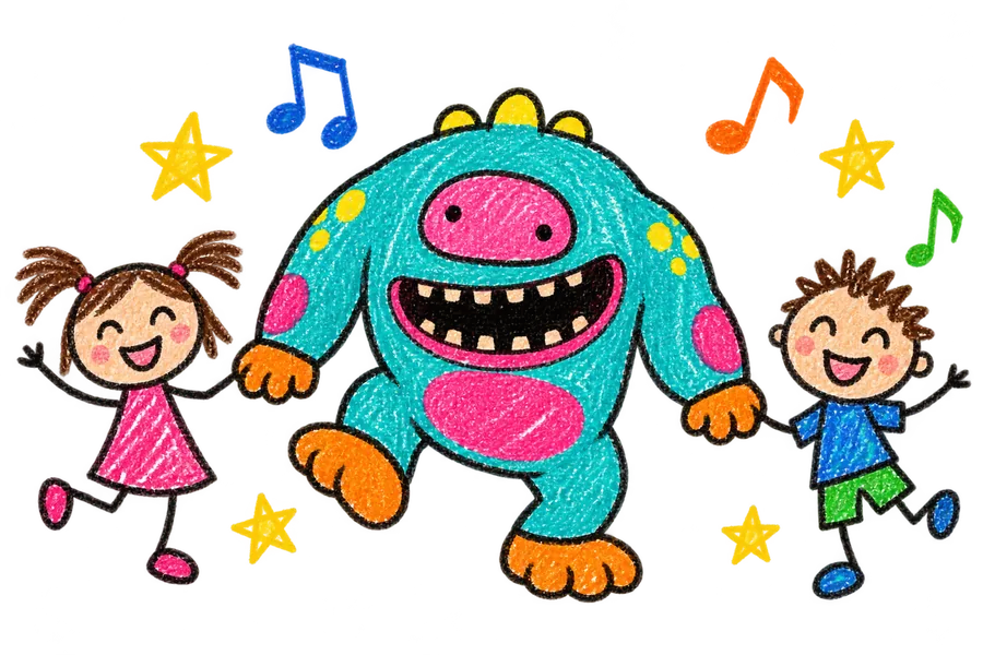 Dessin au crayon de Glup entouré de deux enfants, d'étoiles et de notes de musique