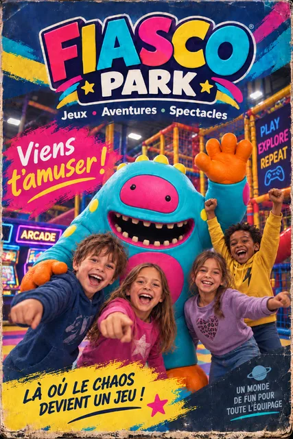 Affiche FIASCO PARK avec Glup et les couleurs du parc