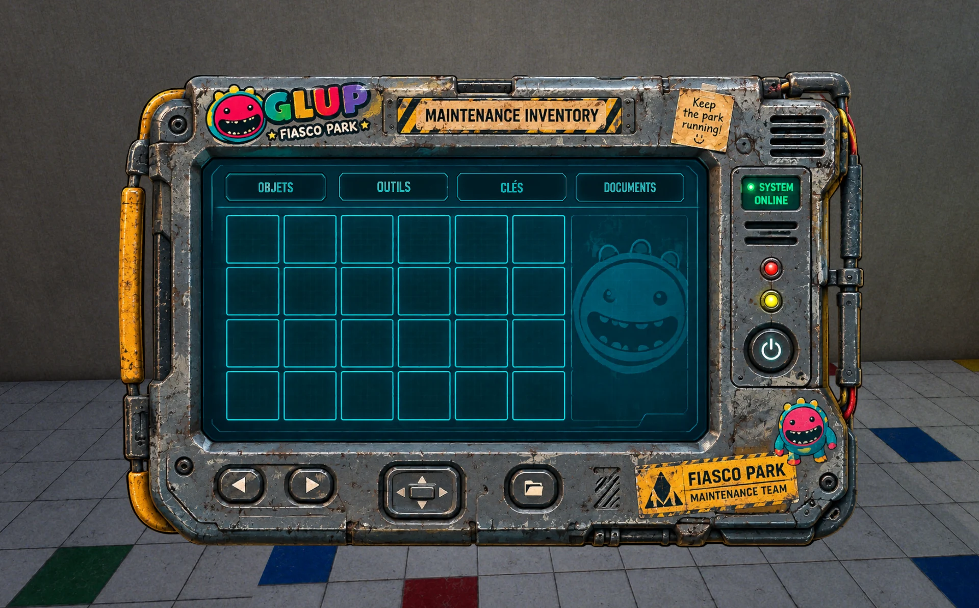Interface de l’inventaire de maintenance FIASCO PARK avec emplacements d’objets
