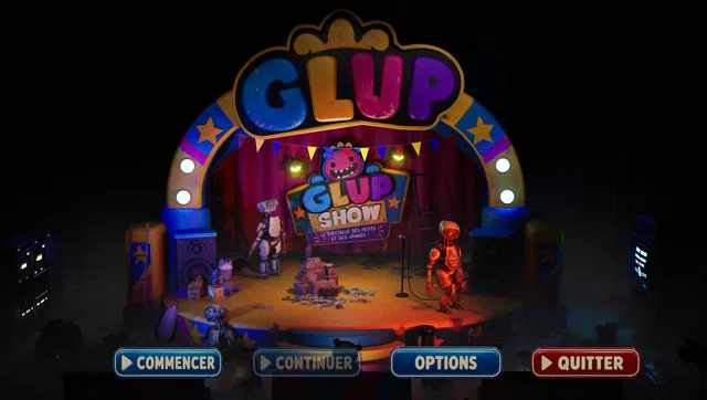 Premier aperçu du menu principal de FIASCO PARK, avec la scène Glup Show et les commandes du jeu
