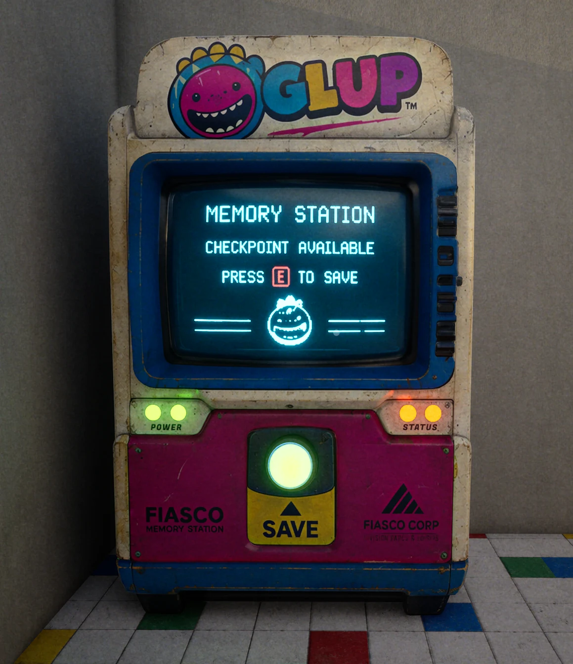Machine de sauvegarde Glup Memory Station avec écran bleu et bouton SAVE