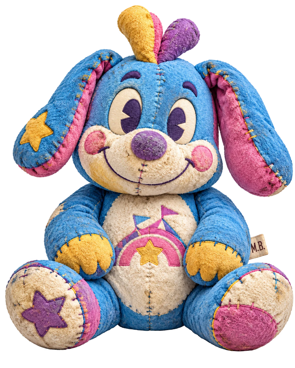 Peluche bleue aux oreilles roses et aux coutures usées, avec une étoile sur la patte